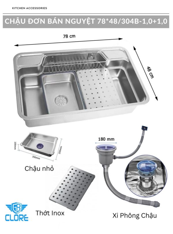 Chậu rửa bát đơn bán nguyệt kích thước 78×48